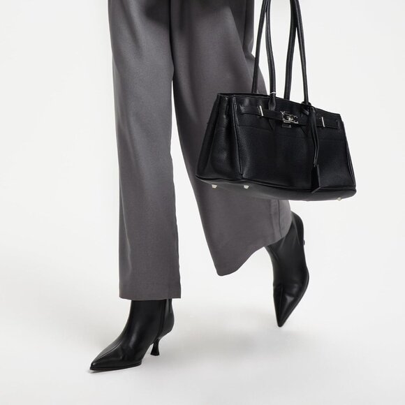 Women Black Kitten Heel Pointed Toe Stiletto Faux Leather Mid Calf Ankle Booties - Picture 4 of 7